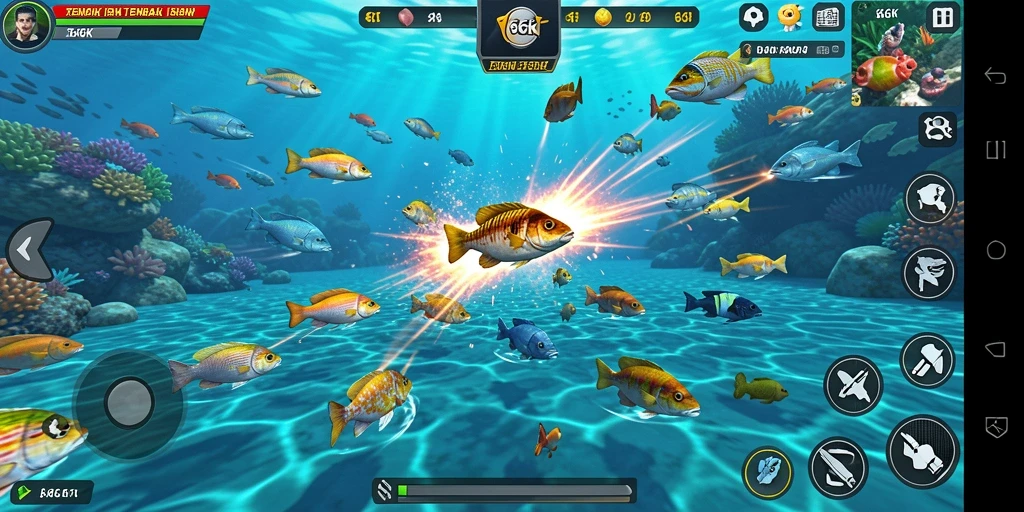Tampilan gameplay penuh aksi dari 66K, menunjukkan momen menembak ikan.