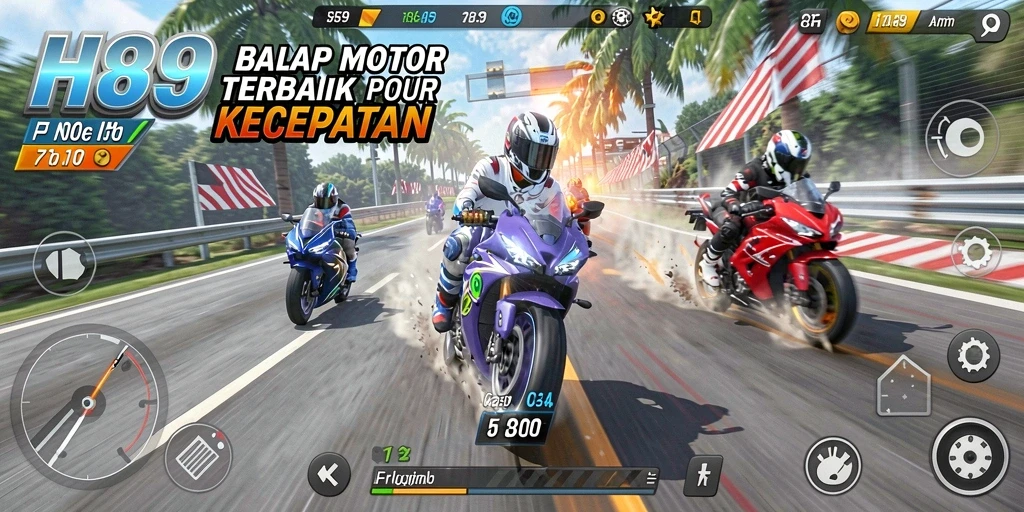 Tampilan gameplay H89 dengan balapan motor yang menegangkan dan grafis tinggi.