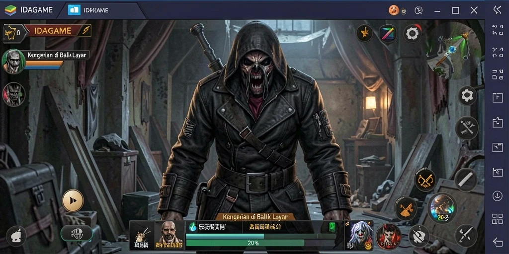 Screenshot gameplay IDAGAME menampilkan suasana mencekam dan karakter mengerikan.