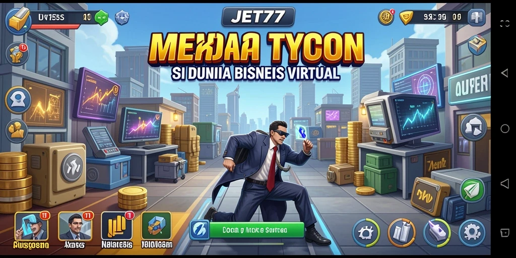 Tampilan gameplay JET77 yang menampilkan manajemen bisnis Tycoon.