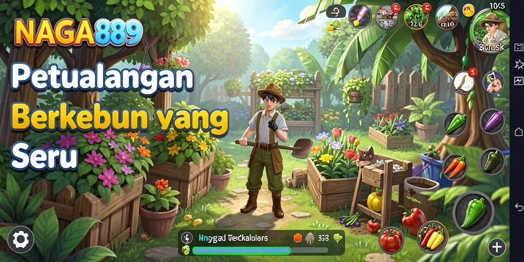 Screenshot gameplay <strong>NAGA889</strong> menampilkan kebun yang rimbun dan berwarna-warni.