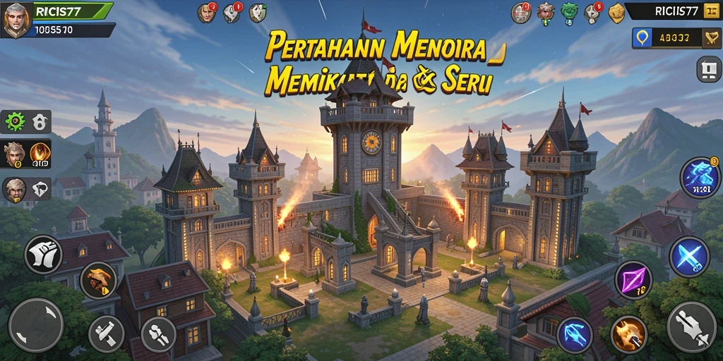 Screenshot gameplay RICIS77 menampilkan aksi menara yang beragam.